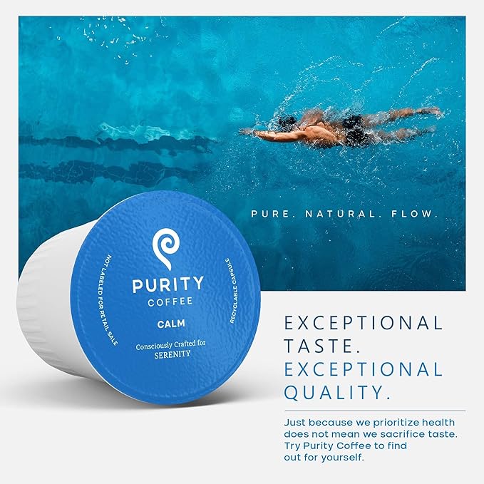 Purity Coffee CALM Decaf Medium Roast Organic Coffee - USDA Certified Organic Specialty Grade Arabica Single-Serve Coffee Pods - Third Party Tested for Mold, Mycotoxins & Pesticides - 12 ct Box