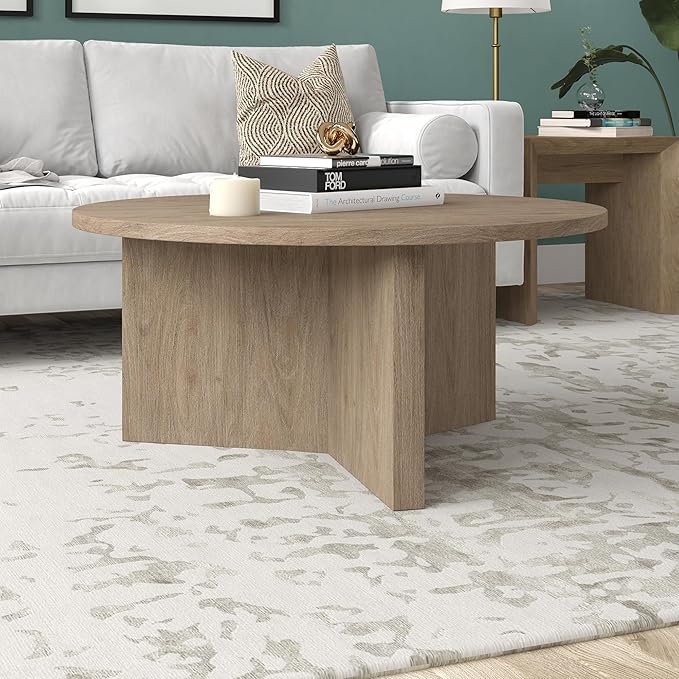 Henn&Hart 36" Round Wood Pedestal Coffee Table for Living Room, Family Room, Office, or Apartment, Antiqued Gray Oak