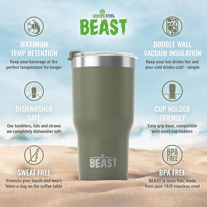 Beast 30 oz Tumbler Stainless Steel Vacuum Insulated Coffee Ice Cup Double Wall Travel Flask (Army Green)