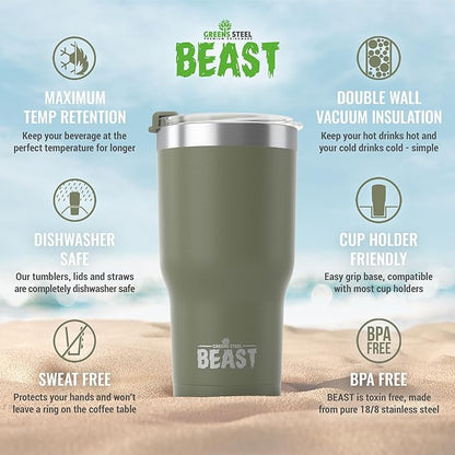 Beast 30 oz Tumbler Stainless Steel Vacuum Insulated Coffee Ice Cup Double Wall Travel Flask (Army Green)