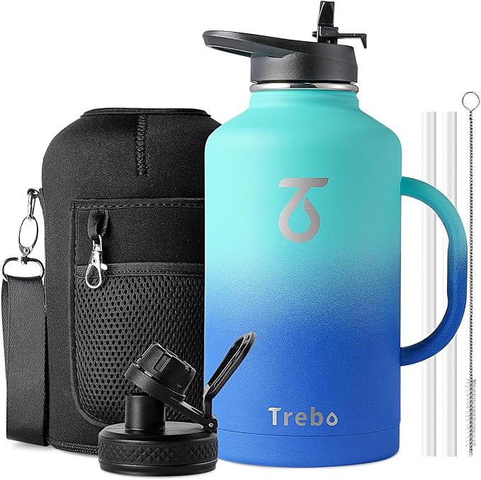 Trebo Half Gallon Water Bottle Insulated with Handle, 64 oz Double Wall Stainless Steel Metal Large Jug, Travel Flask with Straw Spout Lid, Mug Tumbler Cup with Carry Pouch, Keep Cold Hot, Blue