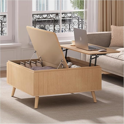 Lift Top Coffee Table with Storage,Mid Century Modern Center Table with Hidden Compartment,Square Pop Up Center Table for Living Room,Oak
