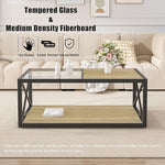 Load image into Gallery viewer, 39" Glass Coffee Table Mordern Living Room Table with Black Metal Frame, Rectangle Tempered Glass Top &amp; Rustic Wood MDF Storage Shelves, Industrial Style Natural