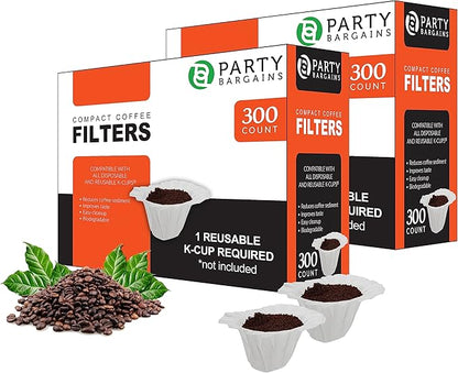 Party Bargains 600 Paper Coffee Filters - Compact Design Single-Use Coffee Filter Compact Design, for for Keurig Brewers and Compatible with K-Cup Pods 1.0 & 2.0 Models
