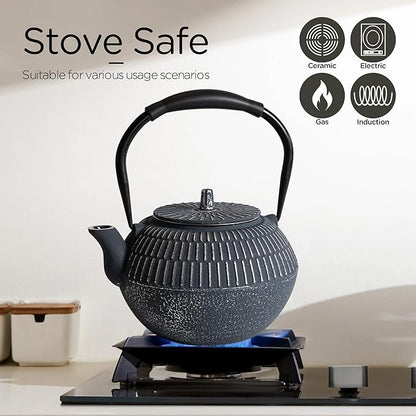 Cast iron Teapot, Tea Kettle for Stovetop Safe with Stainless Steel Infuser, Japanese Hand-made Line Pattern Tea Pot Coated with Enameled Interior for 42oz, 1200ml Dark Blue