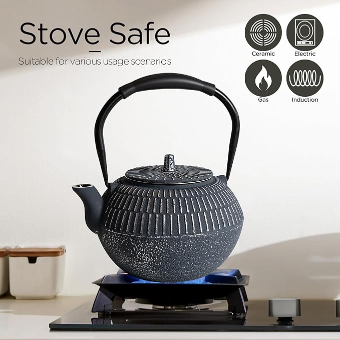 Cast iron Teapot, Tea Kettle for Stovetop Safe with Stainless Steel Infuser, Japanese Hand-made Line Pattern Tea Pot Coated with Enameled Interior for 42oz, 1200ml Dark Blue