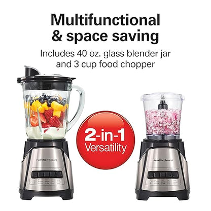 Hamilton Beach Power Elite Blender for Smoothies with 3-Cup Vegetable Chopper, Mini Food Processor, 40oz Glass Jar, 12 Functions for Puree, Ice Crush, Black and Stainless Steel (58149)