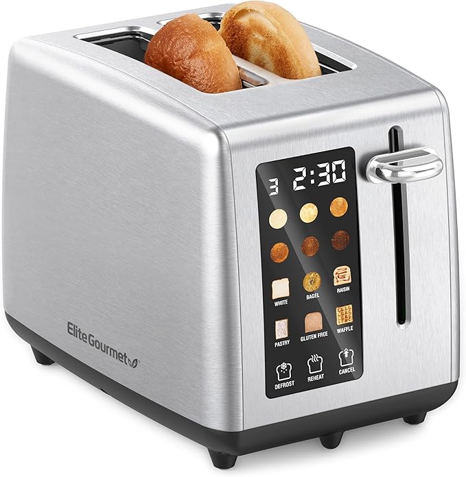 Elite Gourmet ECT2899 LCD Touch Toaster, 2 Extra-Wide Slots, 6 Toast Shades, 6 Preset Menus Including Bagel Waffle Gluten-Free, Defrost Reheat Cancel Functions, Stainless Steel