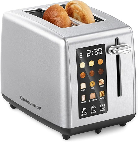 Elite Gourmet ECT2899 LCD Touch Toaster, 2 Extra-Wide Slots, 6 Toast Shades, 6 Preset Menus Including Bagel Waffle Gluten-Free, Defrost Reheat Cancel Functions, Stainless Steel