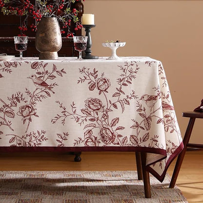 Designer Vintage Linen Small Rectangular Tablecloth,Red Floral Pattern Linen Stain Resistant Table Cloth,Decor Tablecloths for Dining Thanksgiving Kitchen Tea Party,55"*71"-Harmony