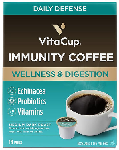 VitaCup Immunity Coffee Pods, Wellness Boost with Antioxidants, Echinacea, Probiotics, Vitamin C & D3, Medium Dark Roast, Recyclable Single Serve Pod Compatible with Keurig K-Cup Brewers,16 Ct
