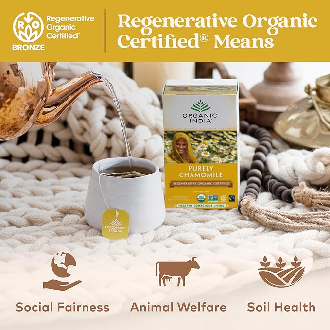 Organic India Purely Chamomile Tea- Regenerative Organic Chamomile Flowers, Caffeine Free, Calming & Relaxing Herbal Tea, Pure Chamomile, Natural Support for Sleep & Relaxation- 18 Tea Bags, Pack of 3