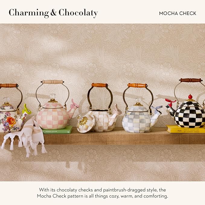 MACKENZIE-CHILDS Enamel Whistling Tea Kettle, Decorative Teapot for Stovetop, Brown-and-White Mocha Check