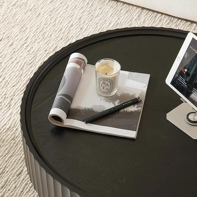 Round Wood Coffee Table - Wooden, Ribbed-Design, 30.3" Dia, 14.9" H Living Room Table, Center Table Simple Modern Style for Home Living Room Furniture (Black, 30.3''L×14.9''H)