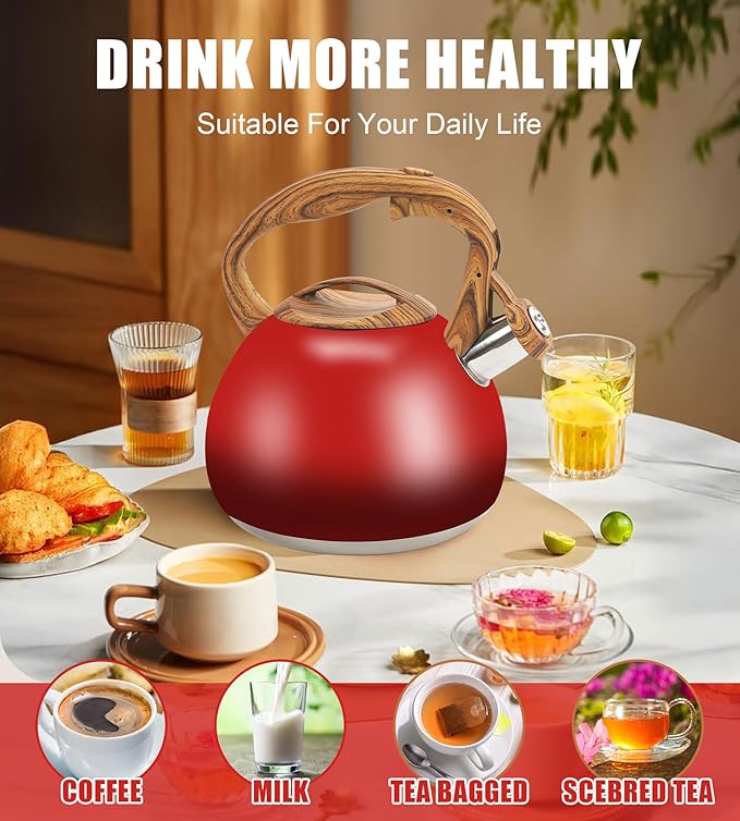 Festive Red Stovetop Whistling Tea Kettle 3.2 Quart - Stainless Steel with Wood Grain Handle, Loud Christmas Whistle for Boiling Water, Holiday Cocoa & Milk, Easy-Pour Spout Classic Design
