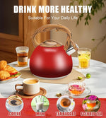 Load image into Gallery viewer, Festive Red Stovetop Whistling Tea Kettle 3.2 Quart - Stainless Steel with Wood Grain Handle, Loud Christmas Whistle for Boiling Water, Holiday Cocoa &amp; Milk, Easy-Pour Spout Classic Design