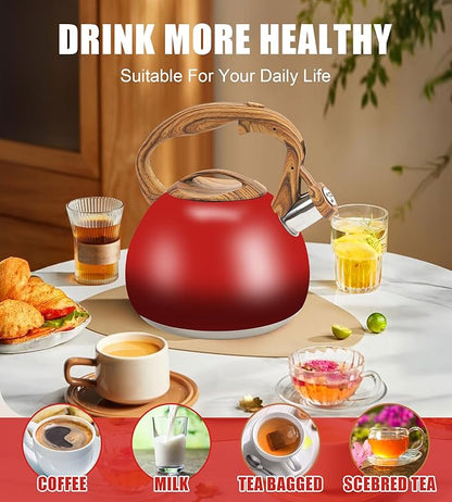 Festive Red Stovetop Whistling Tea Kettle 3.2 Quart - Stainless Steel with Wood Grain Handle, Loud Christmas Whistle for Boiling Water, Holiday Cocoa & Milk, Easy-Pour Spout Classic Design