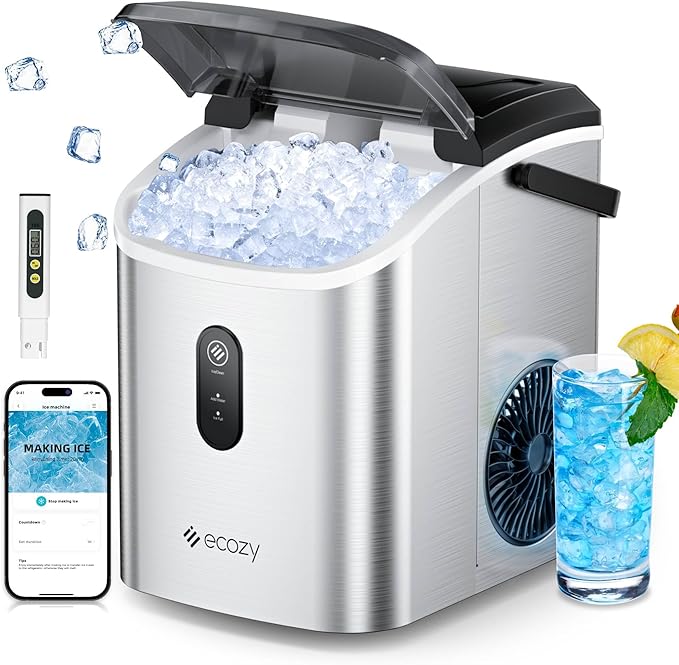 ecozy Nugget Ice Maker Countertop, Smart Portable Crushed Ice Maker with Voice Control, Pellet Chewable Ice 33lbs/24H, Self-Cleaning, with APP WiFi, Timer Function and Status Alerts, Bonus TDS Meter