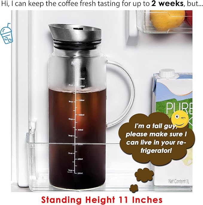 Aquach Cold Brew Coffee Iced Tea Maker & Fruit Pitcher - Large Capacity 51 Ounces - with Durable Glass Carafe/Fine Mesh Steel Infuser/Airtight Lid
