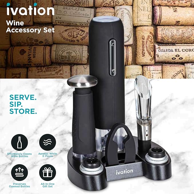 Ivation Wine Gift Set – Includes Electric Opener, Aerator, Vacuum Preserver, 2 Stoppers, Foil Cutter & Charging Base
