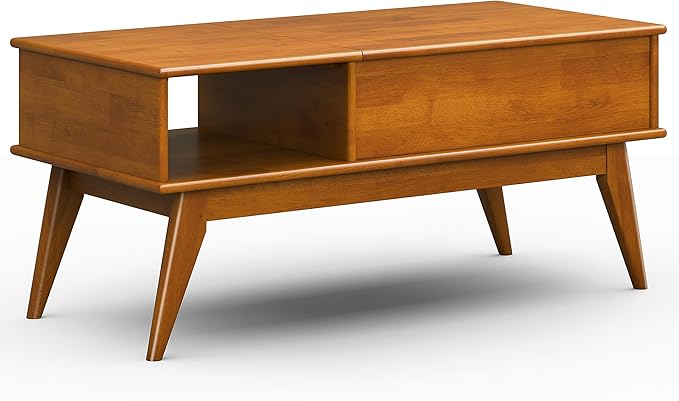 SIMPLIHOME Draper Lift Top Coffee Table - 48 inch Wide Solid Hardwood Mid-Century Modern Cocktail Table in Teak Brown, Functional Living Room Table with Storage Compartment, Open Shelf and Angled Legs