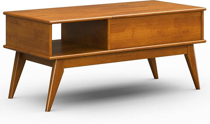 SIMPLIHOME Draper Lift Top Coffee Table - 48 inch Wide Solid Hardwood Mid-Century Modern Cocktail Table in Teak Brown, Functional Living Room Table with Storage Compartment, Open Shelf and Angled Legs