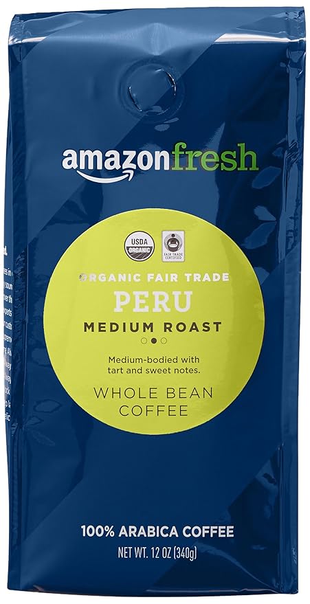 Amazon Fresh, Organic Fair Trade Peru Whole Bean Coffee, Medium Roast, 12 Oz