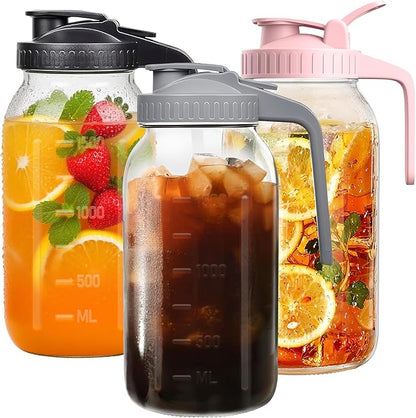 64oz Large Mason Jar Pitcher with Lid, 2 Quart Glass Tea Pitchers for Fridge, Leak-proof Coffee Dispenser,Heavy Duty Water Container for Sun Tea,Cold Brew Juice,Breastmilk Storage(Black+Gray+Pink）