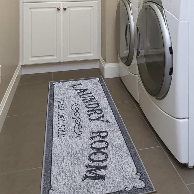 Ottomanson 20" x 59" Laundry Room Rug - Non-Slip Mat for Laundry & Mudroom - Durable, Stain-Resistant, and Easy to Clean - Perfect for High-Traffic Areas - Runner Rug for Entryway Bathroom, Gray