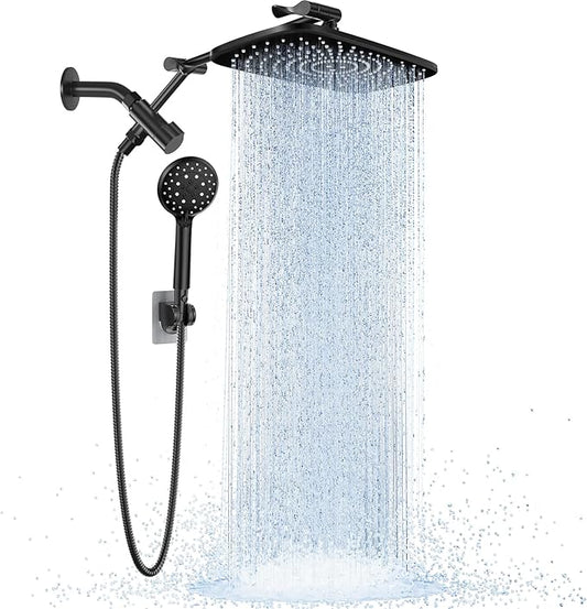 Veken Wide Rain Shower Head with Multi-Modes Handheld Water Spray,High Pressure Showerhead Combo with Arm for Bathroom Accessories,Home Decor Adjustable Dual Shower with Anti-Clog Nozzles,Matte Black