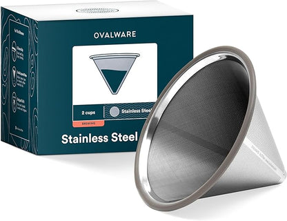 OVALWARE Paperless Stainless Steel Pour Over Coffee Filter – Reusable and Permanent Coffee Cone Dripper for Ovalware, Chemex, Hario and Other Carafes