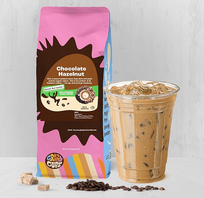 Crazy Cups Flavored Decaf Ground coffee, Chocolate Hazelnut, For Hot or Iced Coffee, 3 Count