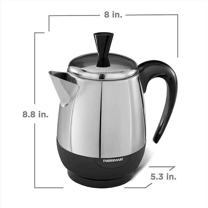 Farberware Electric Coffee Percolator, FCP240, Stainless Steel Basket, Automatic Keep Warm, No-Drip Spout, 4 Cup, Black/Silver