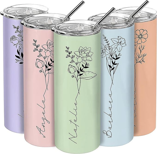 Birthday Gifts for Women, Personalized Tumblers with Birth Flower and Name, 10 Colors - 20 Oz, Skinny Tumblers for Women