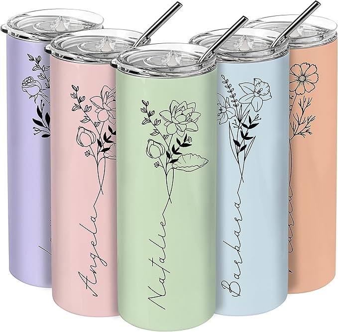 Birthday Gifts for Women, Personalized Tumblers with Birth Flower and Name, 10 Colors - 20 Oz, Skinny Tumblers for Women