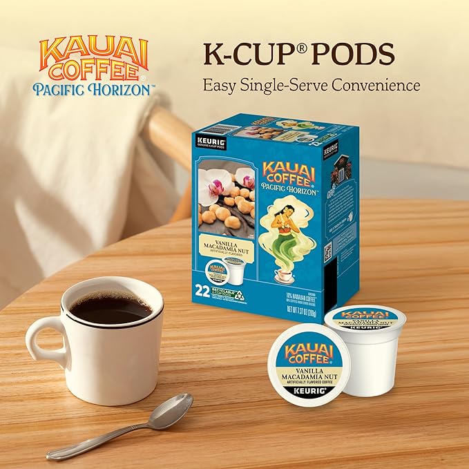 Kauai Coffee K-Cup Pods for Keurig Brewers – Arabica Coffee, 10% Hawaiian – Medium Roast, Vanilla Beans with Toasted Macabamia Nuts – Vanilla Macadamia Nut, 1 Pack of 22 Single Serve K-Cups