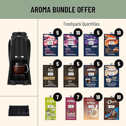 Flavia Aroma Brewer Bundle with 84 Freshpacks and 1 Merchandiser - Coffee Machine, Makes Coffee, Lattes, Tea, and other Hot or Iced Beverages with Single-Serve Freshpacks, Multiple Brew Sizes, Black