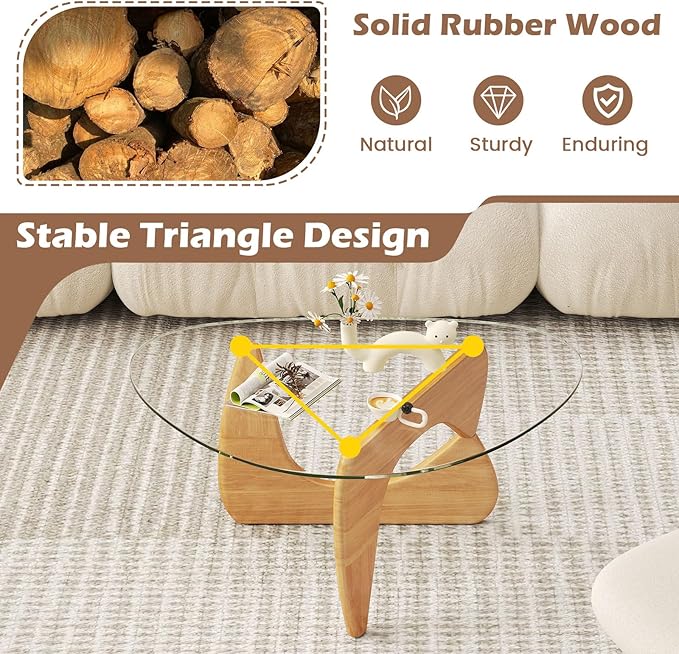 Tangkula Triangle Glass Coffee Table, Mid-Century Modern Center Table with Tempered Glass Top & Adjustable Rubber Wood Base, Small Coffee Table for Small Spaces, Living Room & Reception Room (Natural)
