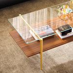 Load image into Gallery viewer, AGV LIGHTING Tadio Glass Coffee Table, Mid-Century Modern Coffee Table for Living Room, Gold Finish Leg, Clear Glass Top &amp; Walnut Brown Wood Shelf, 41 in Length