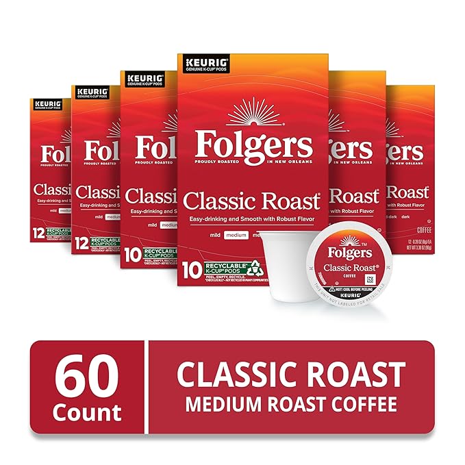 Folgers Classic Roast Coffee, Medium Roast, Keurig K-Cup Pods, 10 Count Box (Pack of 6)