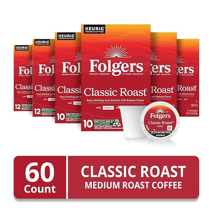 Folgers Classic Roast Coffee, Medium Roast, Keurig K-Cup Pods, 10 Count Box (Pack of 6)