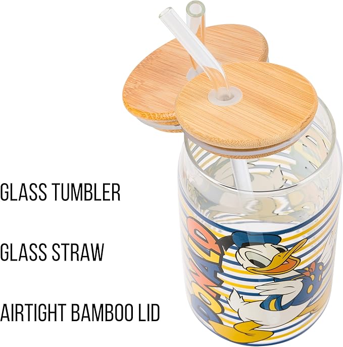 Silver Buffalo Disney Mickey and Friends Donald Duck Blue and Yellow Stripes Glass Jar Tumbler with Bamboo Lid and Glass Straw, 16 Ounces