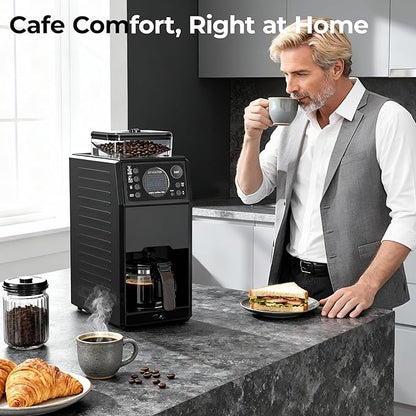 Programmable 5 Cup Coffee Maker with Grinder Built In, Automatic Drip Coffee Machine with Timer, Removable Tank, 22 oz Glass Carafe and Hot Plate, for Home Dorm and Office, Matt Black