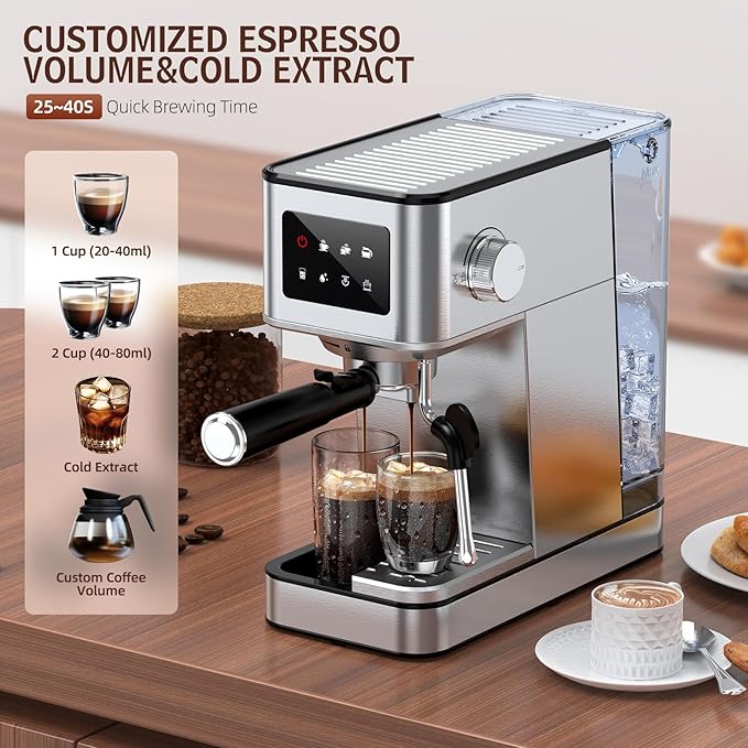 Espresso Machine with Milk Frother, 20 Bar Compact Espresso Maker with Touch Screen & 57.5oz Removable Water Tank for Home, Stainless Steel Coffee Machine for Cappuccino, Latte, Silver(updated)