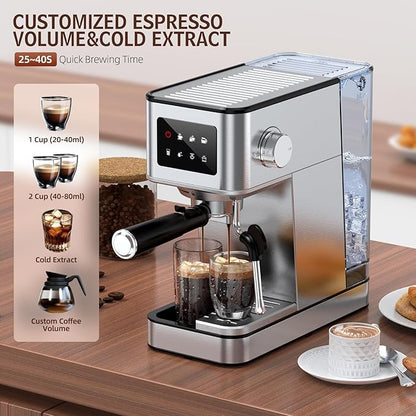 Espresso Machine with Milk Frother, 20 Bar Compact Espresso Maker with Touch Screen & 57.5oz Removable Water Tank for Home, Stainless Steel Coffee Machine for Cappuccino, Latte, Silver(updated)