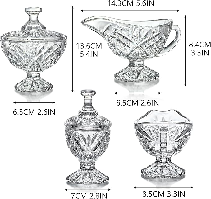 Crystal Cream and Sugar Set Glass Creamer Server Sugar Bowl with Lid Coffee Server Set Mother's Day Gifts for Women Mum Table Decortion for Home Wedding Party