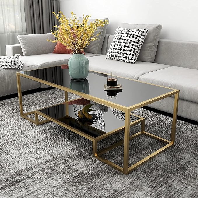 COSVALVE Glass Coffee Table, Brass Accent Modern Tempered Glass Side Table, Additional Storage Shelf & Metal Frame, for Living Room Home Classy Furniture Office Decor