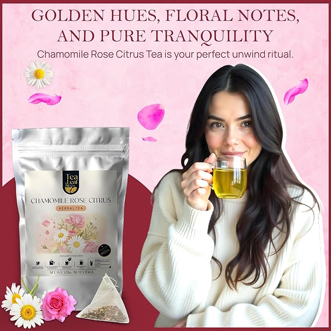 Tealeaf & Co. Chamomile Rose Citrus Herbal Tea Bags - Organic Chamomile Tea Bags with Rose Petals, Orange Peel, Lemon Grass, Hibiscus & Mint Leaves - Low Caffeine - Gluten Free - 50 Teabags