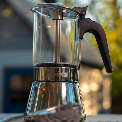 London Sip Glass and Stainless Steel Stovetop Espresso Maker Moka Pot Italian Coffee Percolator, Glass, Medium (10.14 oz)