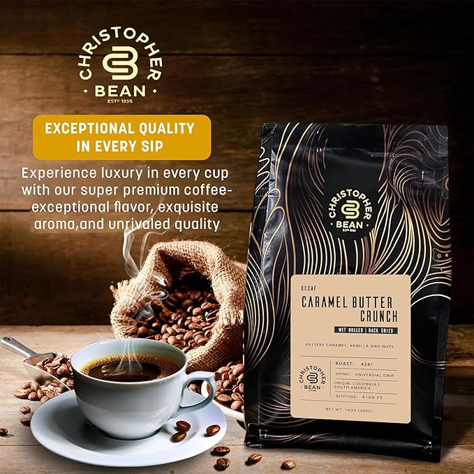 Christopher Bean Coffee - Certified Kosher - Decaf Ground Caramel Butter Crunch Flavored Coffee with Medium Roast | Caramel Butter Crunch Coffee No Sugar with 100% Arabica, No Fats, Non-GMO | 10-Ounce